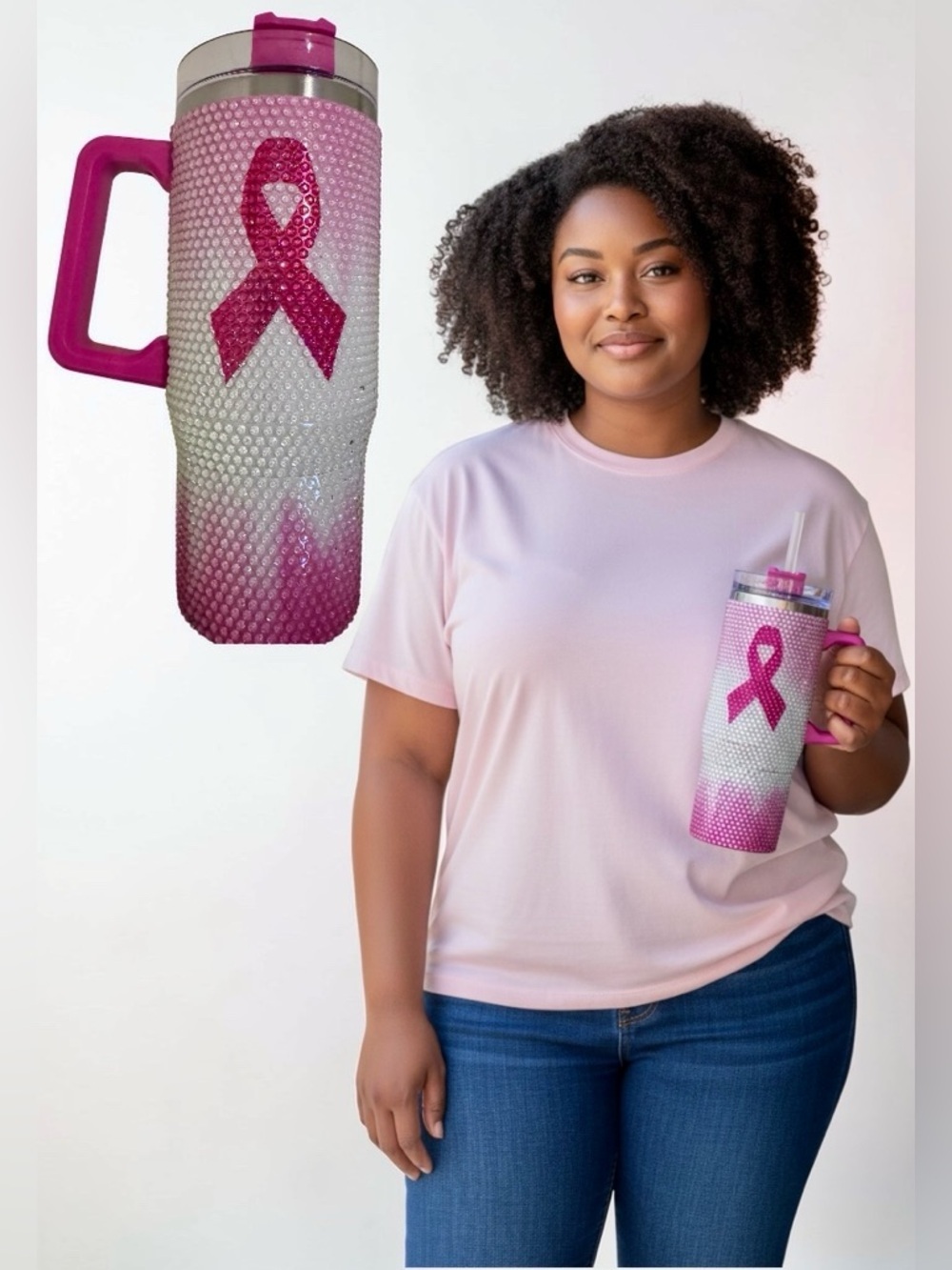 Pink Rhinestone Breast Cancer 💖🎗️Awareness Tumbler with Handle
